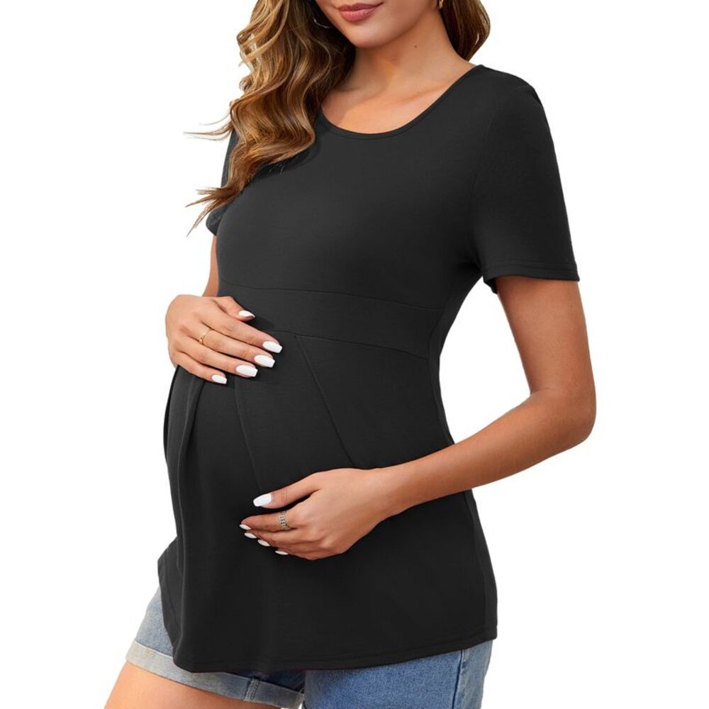 Maternity Short Sleeve Crewneck Wrinkle Design Waist Tiered T-Shirt Black